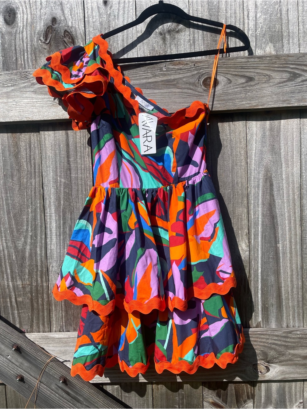 Avara One-Shoulder Multicolor Mini Dress with Orange RicRac Trim Sz M NWT